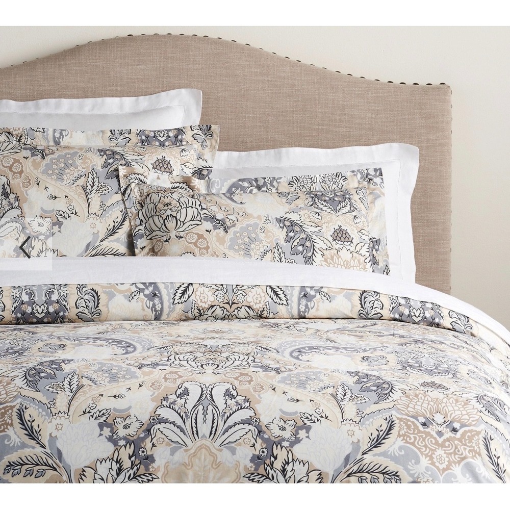 Pottery‎ Barn Celeste Paisley Floral Damask Duvet Cover Full Queen Tan Grey